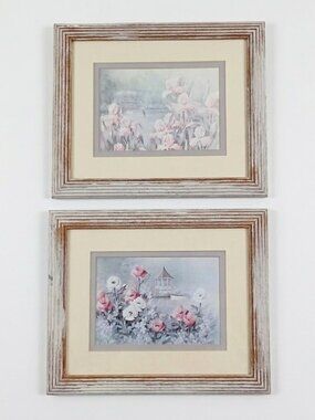 Vintage Floral Framed Prints Set Gazebo Garden Landscape Peaceful Lake Wall Art